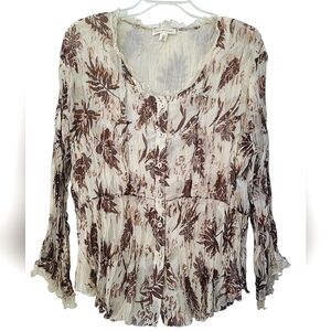 Coldwater Creek Bell Sleeve Button Up Sheer Vintage Blouse Tan Brown Extra Large